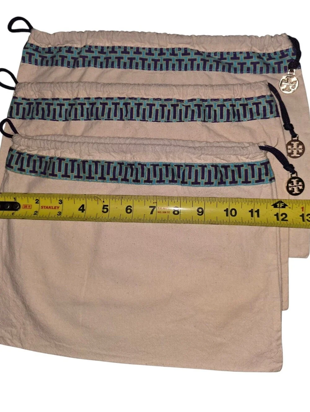 Tory Burch Beige Drawstring Dust Bag with Blue Trim- 3 Piece Set